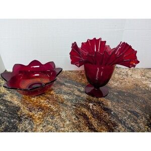 Vintage Blenko Ruby Red Crimped Edge Pedestal Vase 9" Tall & Fenton Bowl